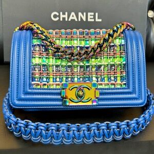 Chanel Old Small Boy Flap Bag Blue Rainbow Woven PVC with Lambskin Multicolor Gr